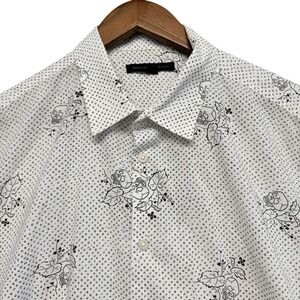 John Varvatos USA Shirt Mens Large White Black Skull Floral Short Sleeve W443W1B